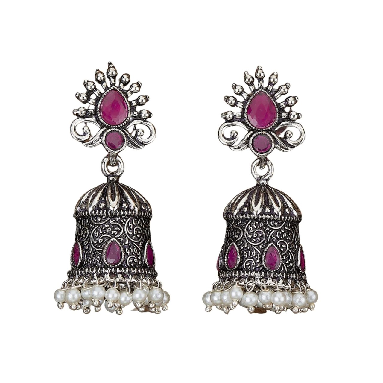 Indian Oxidized Jhumka Earrings for Women - Vintage Indian Jhumki Ethnic Chandbali Earrings Faux Pearls with Oxidized Platting Bollywood Style Dangle Earring Jewelry for Bride Gift for Her